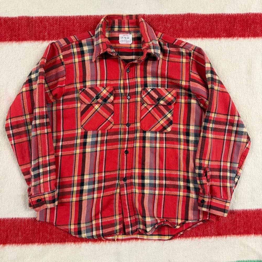 Vintage 60s 70s PNH Cotton Plaid Flannel hirt Mens L Red Union Made Light Wear